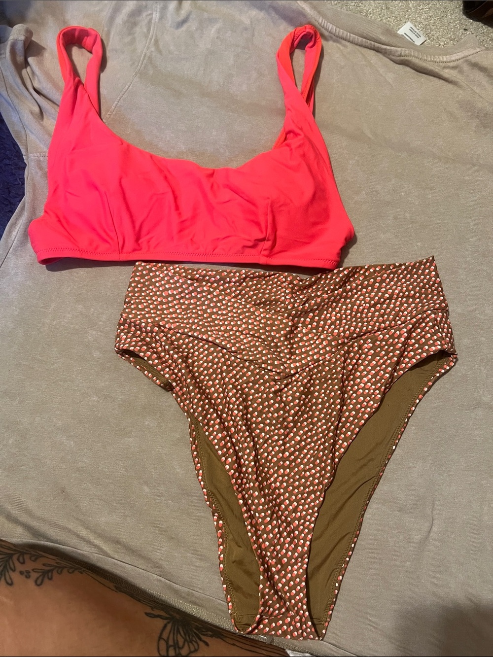 aerie Hot Pink Scoop Bikini Top with Brown Polka-Dot High-Waist Bottoms